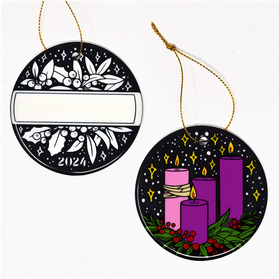 photo of both sides of the advent candles + holly ornament. One side is colored, the advent candle side. One side is uncolored, the holly + name side.