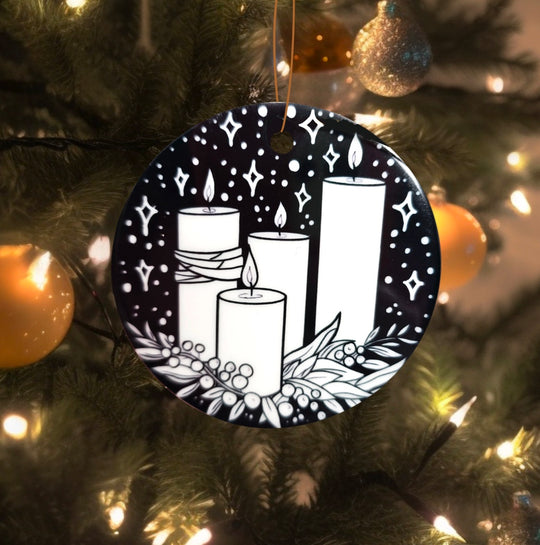 photo of an uncolored advent candle side of the advent candle color your own ornament hanging on a christmas tree