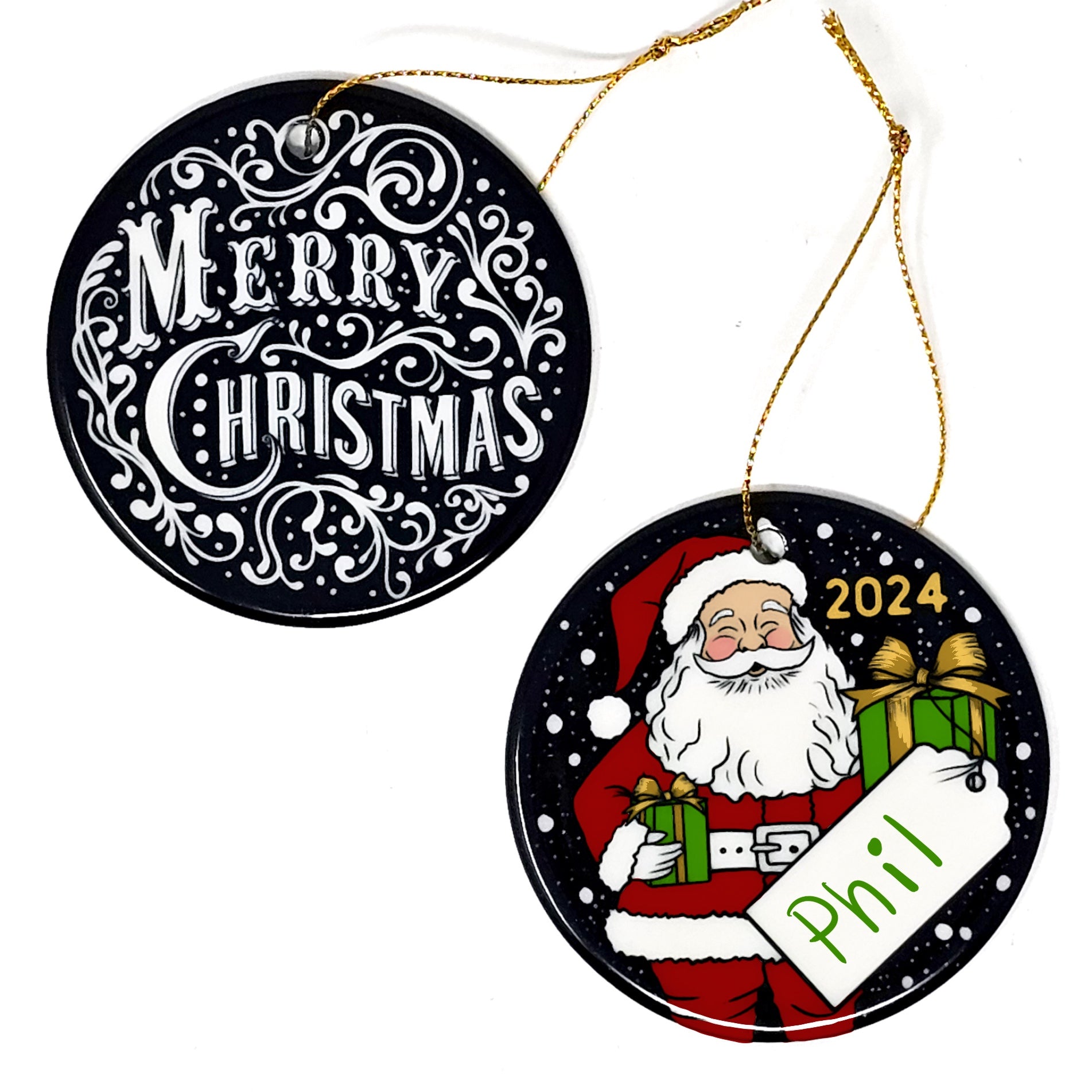 Photo of both sides of the classic Christmas ornament. One side says Merry Christmas in old-English font. the other side is Santa with presents. 