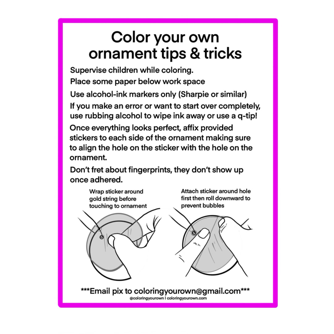 Photo of the Color Your Own Ornament Tips and Tricks sheet that is included in every ornament purchase.