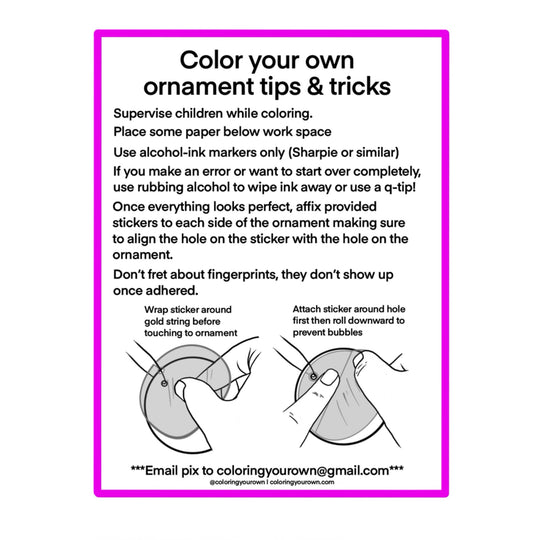 Photo of the Color Your Own Ornament Tips and Tricks sheet that is included in every ornament purchase.