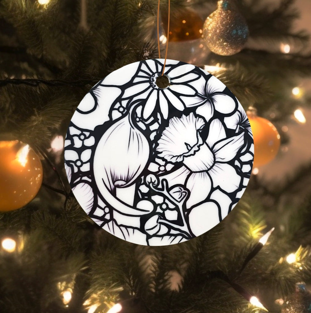 photo of uncolored flower-only side of the flower abundnace 2 ornament uncolored, haning on a christmas tree