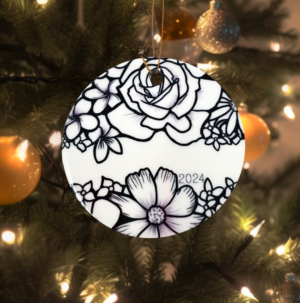 photo of uncolored flower and name side of the flower abundnace 2 ornament uncolored, haning on a christmas tree