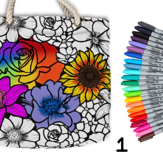 Image of flower abundance 1 color your own tote partially colored