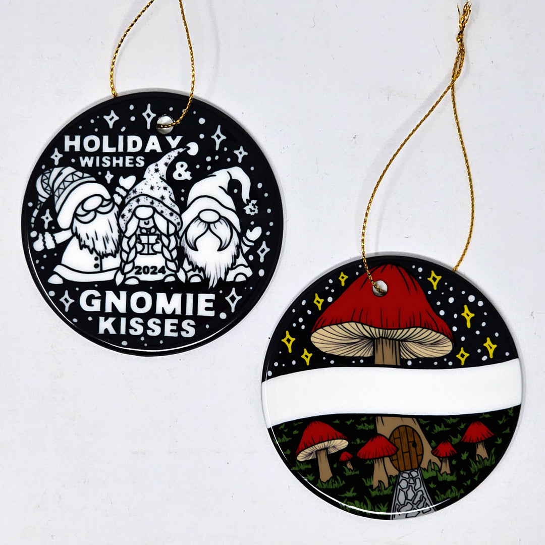 Photo of both sides of the Gnome-y wishes color your own ornament. One side is colored with mushrooms and a space for your name and the other side is uncolored with 3 gnomes