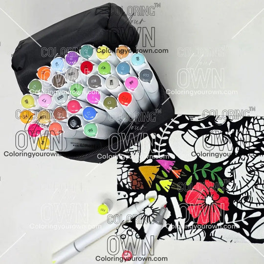 Set of colorful markers with a black case beside some coloring fabric featuring mushrooms and foliage on a white background