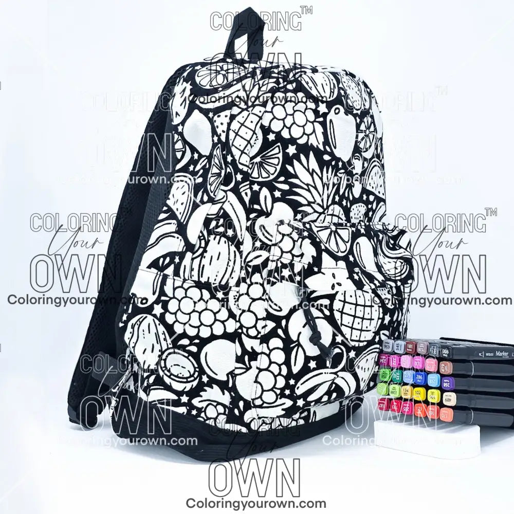 Coloring Your Own Backpack with juicy fruits design, slight side view, not colored, 36 piece marker set pictured