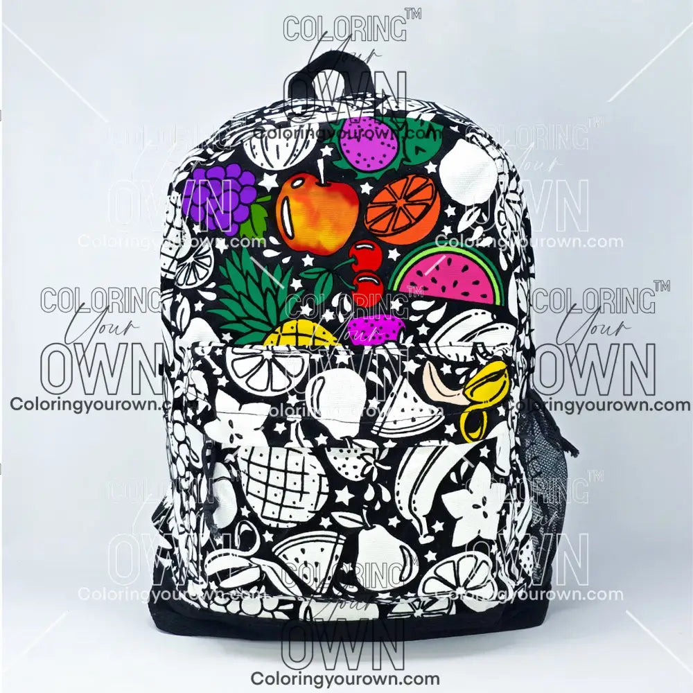 Coloring Your Own Backpack with juicy fruits design, front view, partially colored