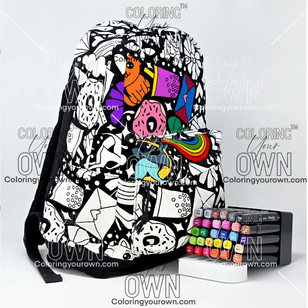 Coloring Your Own Backpack with happy doodle 2 design, slights side view, partially colored, with 36 count marker pack pictured