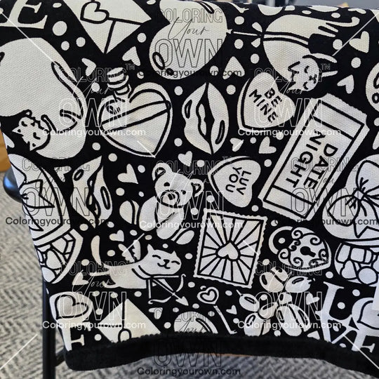 Color Your Own Blanket Valentines day blanket draped over a chair not colored, close up