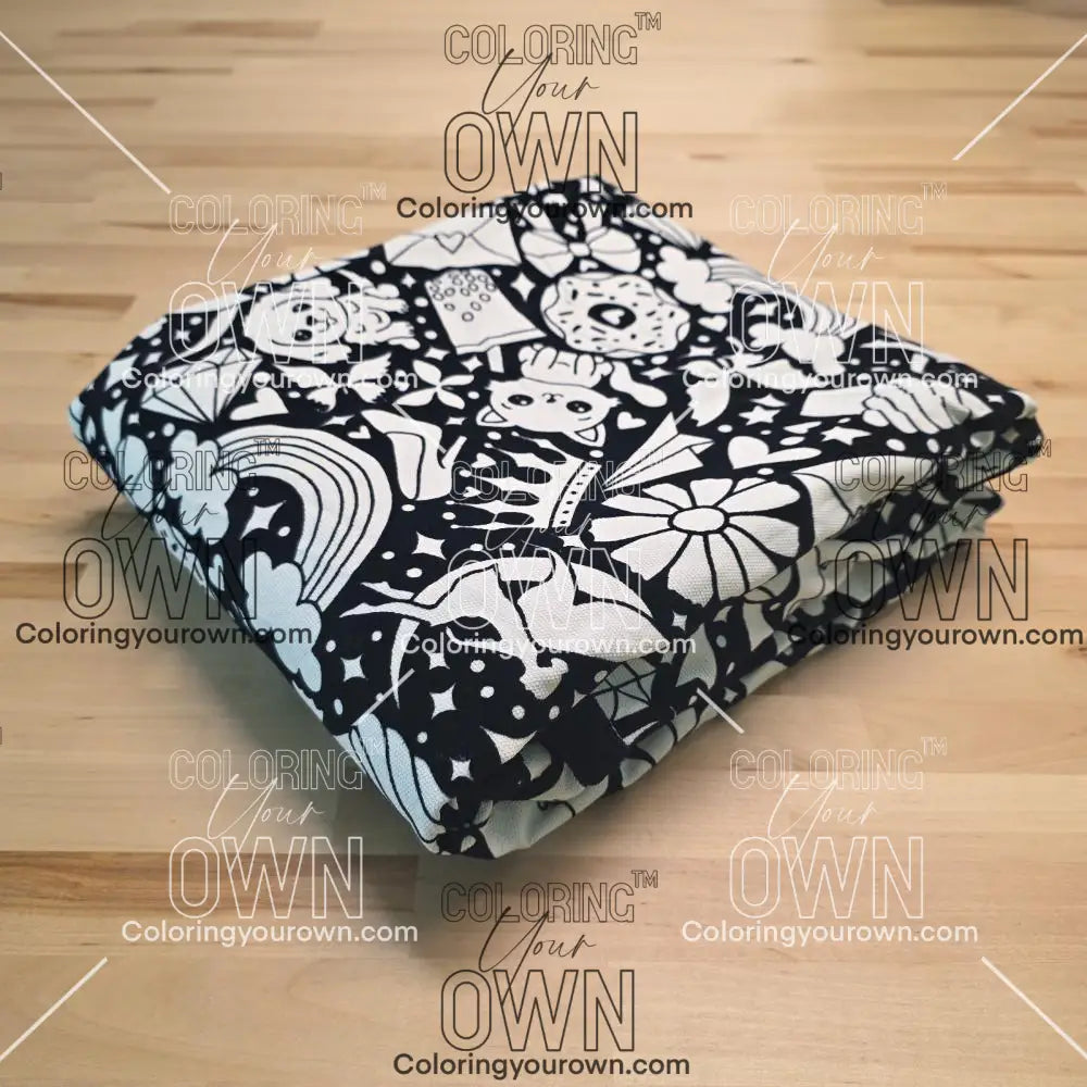 Uncolored version two doodle patterned blanket with donuts, cats, cupcakes patterned blanket folded on a table