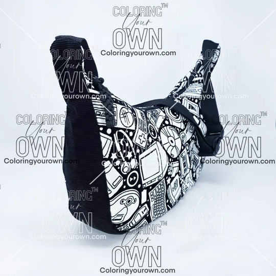 three quarter view of the retro tech coloring crossbody bag which features a black strap, black corduroy base, and a buckle quick release.