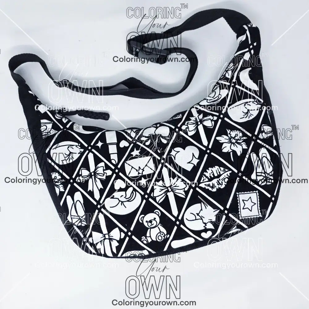 Front view of the coquette coloring crossbody bag which features a black strap, black corduroy base, and a buckle quick release.