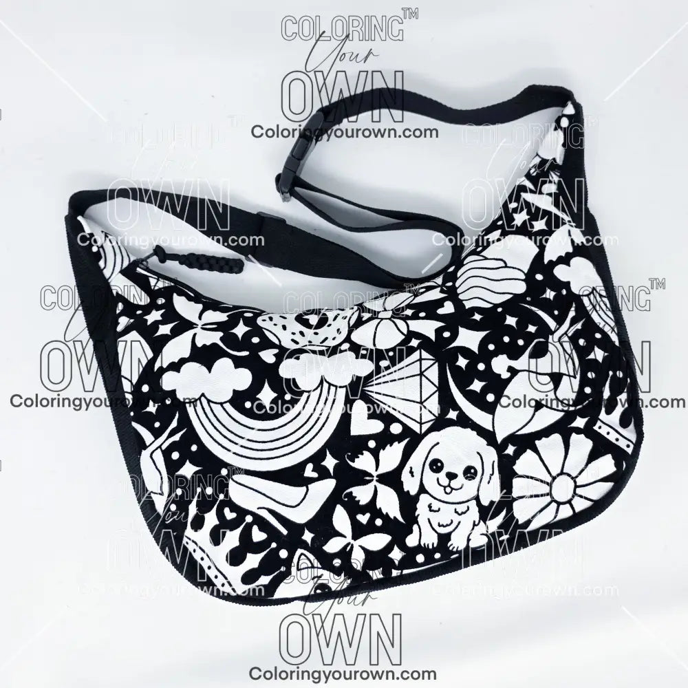 front view of the happy doodle 2 coloring your own crossbody bag not colored with a black strap and quick release buckle. 