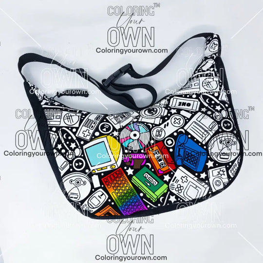 front view of the partially colored retro tech coloring crossbody bag which features a black strap, black corduroy base, and a buckle quick release.