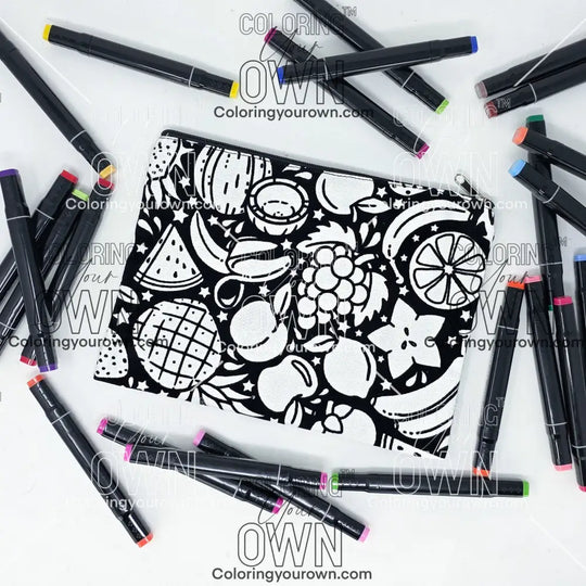Photo of a black and white flat pencil pouch with lots of colorful markers beside it indicating the customer gets to color it when they receive theirs. This is the same bag as the pencil case - Side B - this bag has images of juicy fruits on it