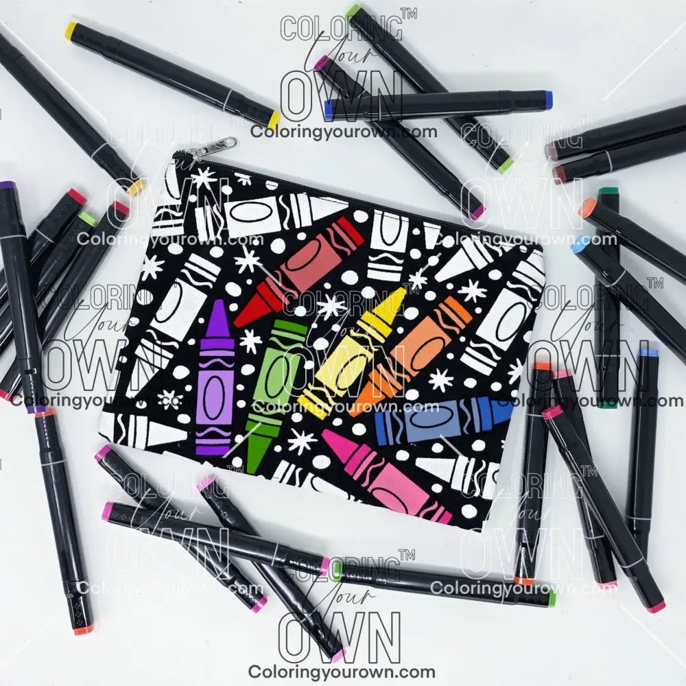 Partially colored coloring your own zipper pouch with crayons design, surrounded by markers