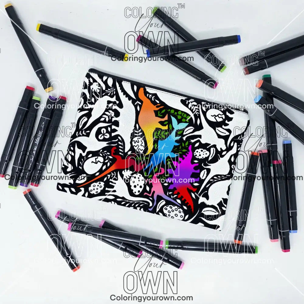Photo of a black and white flat pencil pouch with lots of colorful markers beside it indicating the customer gets to color it when they receive theirs. This is the same bag as the pencil case and makeup bag - Side B - this bag has images of dinosaurs, foliage, and eggs