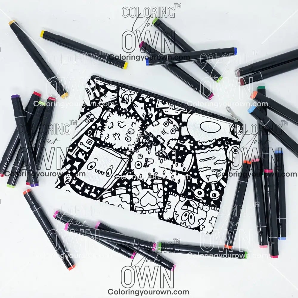 Photo of a black and white flat pencil pouch with lots of colorful markers beside it indicating the customer gets to color it when they receive theirs. This is the same bag as the pencil case and makeup bag - Side A - this bag has images of Coquette-inspired illustrations including a swan, a paw print, bows, a moon, stars, a bunny on it cherries and more