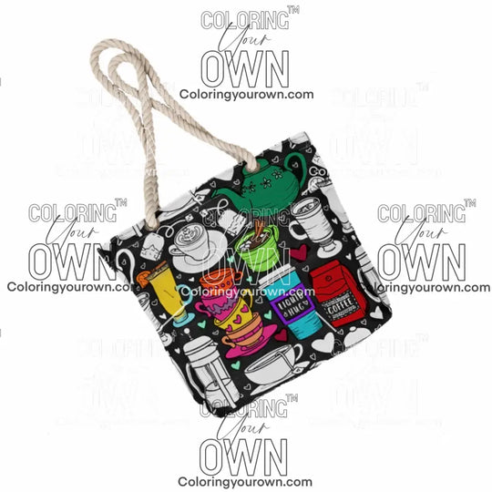 photo of a partially colored color your own tote bag in yummy beverages