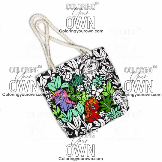 photo of a partially colored unicorn color your own tote on a white background