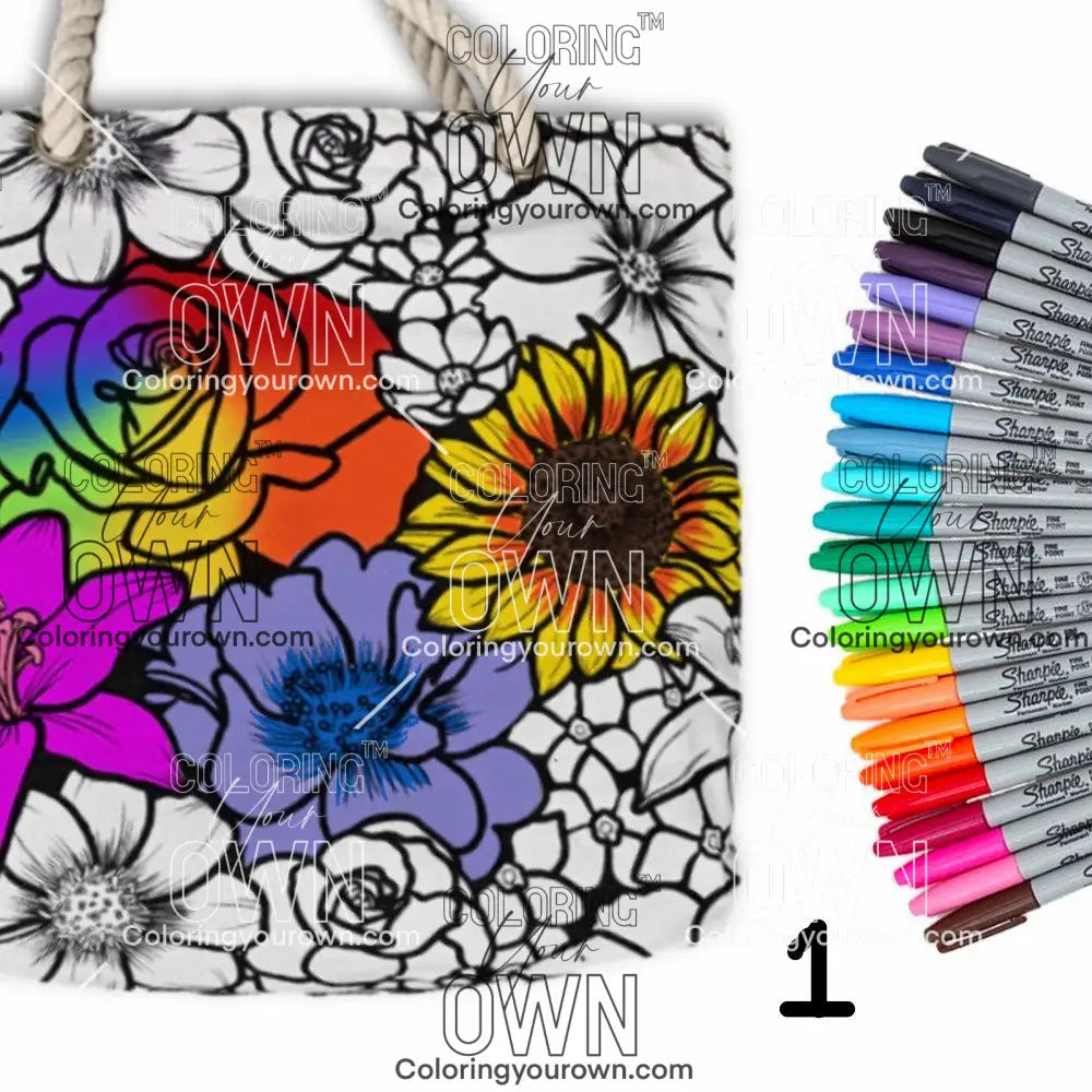 Image of flower abundance 1 color your own tote partially colored