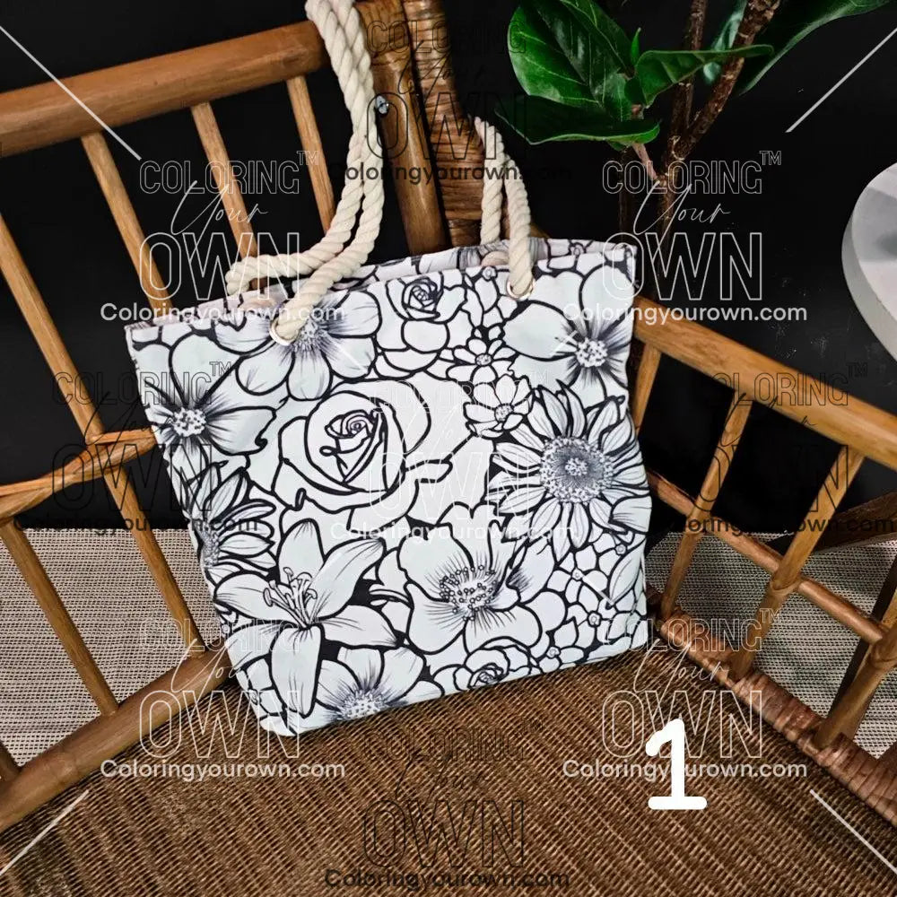 Photo of an uncolored coloring your own canvas tote sitting on a wicker chair