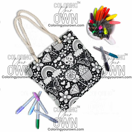 photo of an uncolored color your own tote in happy doodle print