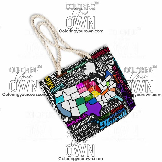 photo of a partially colored USA tracking map color your own tote bag on a white background