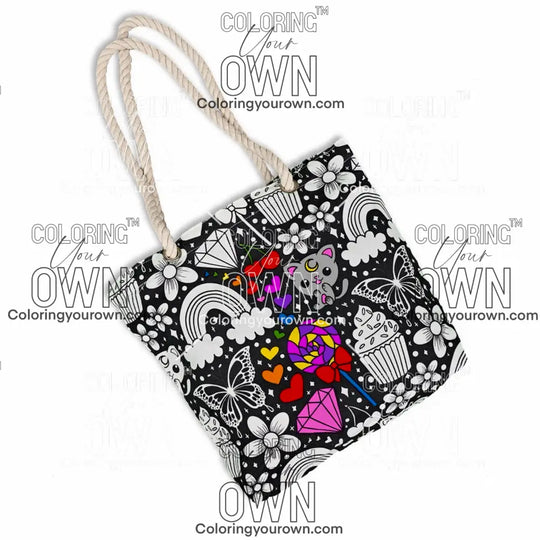 photo of a partially colored color your own tote in happy doodle print