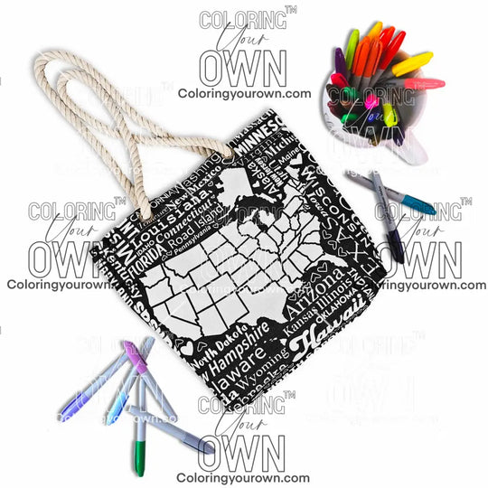 photo of uncolored tracking usa map color your own tote on a white background surrounded by markers.