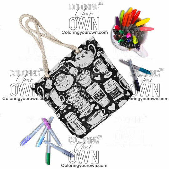 Photo of an uncolored color our own yummy beverages tote surrounded by markers